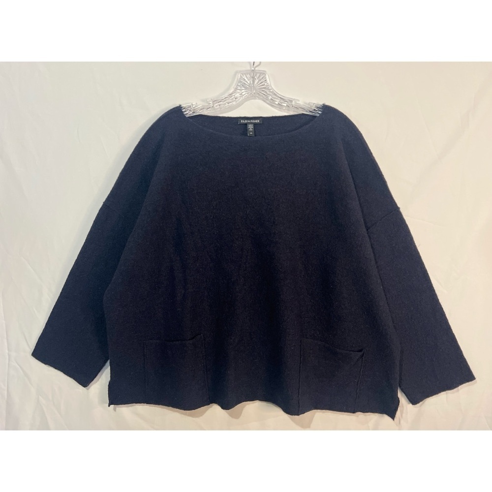 Eileen Fisher Lightweight Boiled Wool Bateau Neck Top Women’s Blue Large - Picture 2 of 10